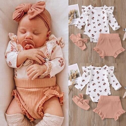 3-18Months baby girl romper Newborn Infant Baby Girls Flower Print Clothes Romper Pants Hairband Outfits Set Elegant princess M4