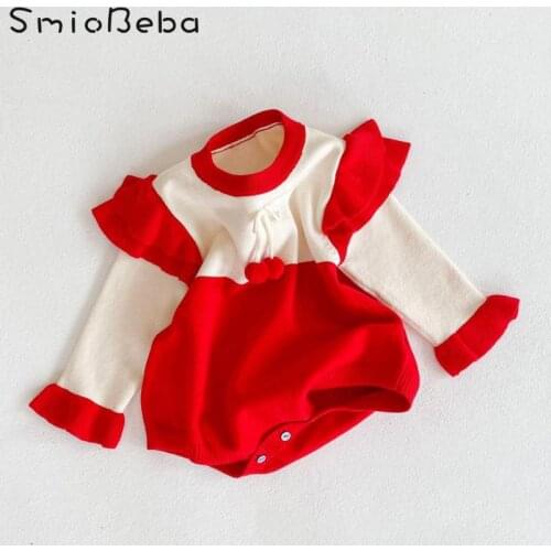 Newborn Baby Girls' Knitted Red Patchwork Rompers Long Sleeve 100% Cotton Soft Stitching Cherry Wool Jumpsuits Japan Outfit Kids
