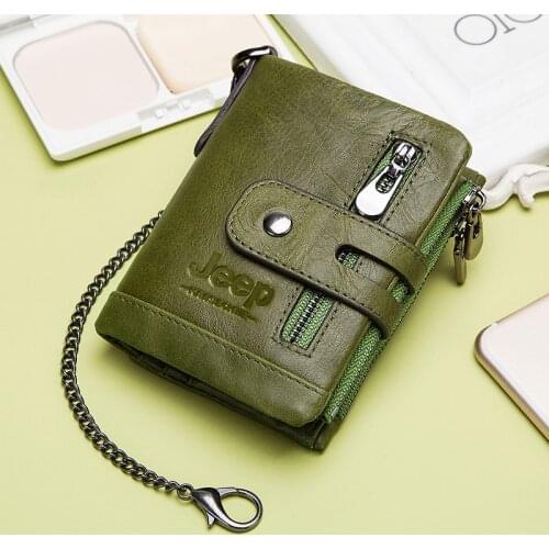 Genuine Leather Men Wallet Fashion Wallet women 2021 Green Coin Purse Mini Card Holder Chain PORTFOLIO Portomonee Male vallet