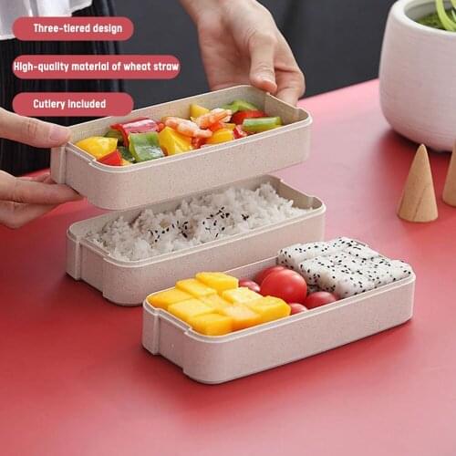Camping 600ml Lunch Box 3 Layer Wheat Straw Bento Boxes Microwave Dinnerware Food Storage Container Outdoor Picnic