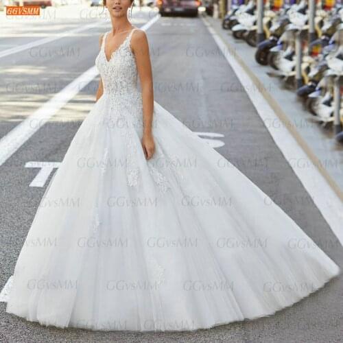 Fashion White Wedding Dress V Neck 2021 robe de mariée Lace Appliqued Backless Bridal Dresses fluffy Ball Gown hochzeitskleid