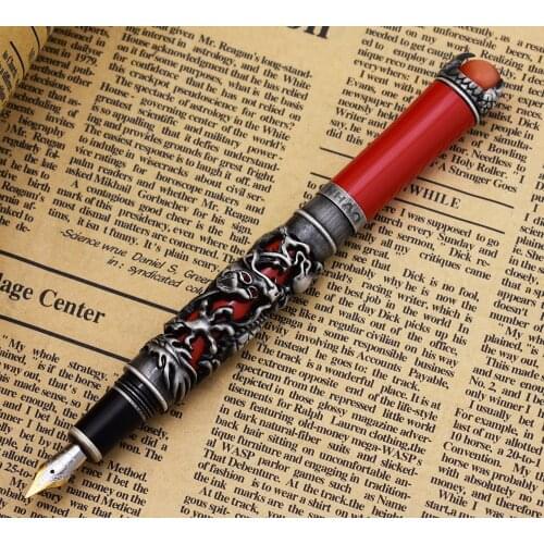 New Jinhao Dragon King Vintage Fountain Pen, Unique Metal Embossing Hi-tech, Gray Color & Red Cap Business Office Home Supplies