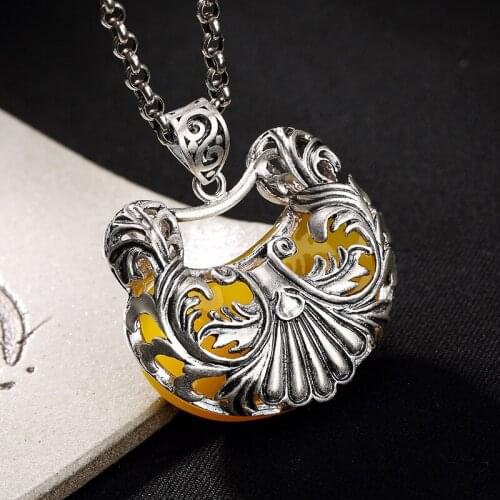 2018 New S990 fine silver hollow out peony ruyi chalcedony pomegranate red long high-grade joker sweater chain pendant