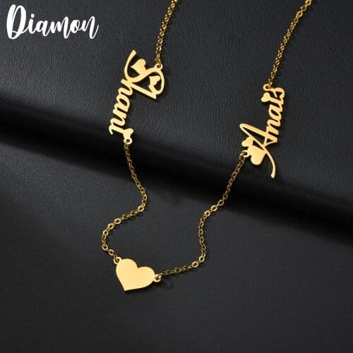 Diamon Personalized Double Nams Customized Stainless Steel Pendant Necklace Letter Gold Choker Heart Christmas Gift For Women