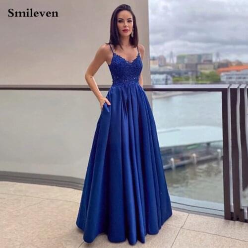Smileven Navy Blue Sexy V Neck Formal Evening Dress Spaghetti Strap Silk Satin Prom Party Dresses Side Split Longo Evening Gown