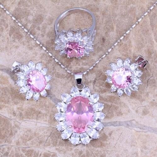 Pink White CZ Silver Plated Jewelry Sets Earrings Pendant Ring Size 6 7 8 9 10 S0060