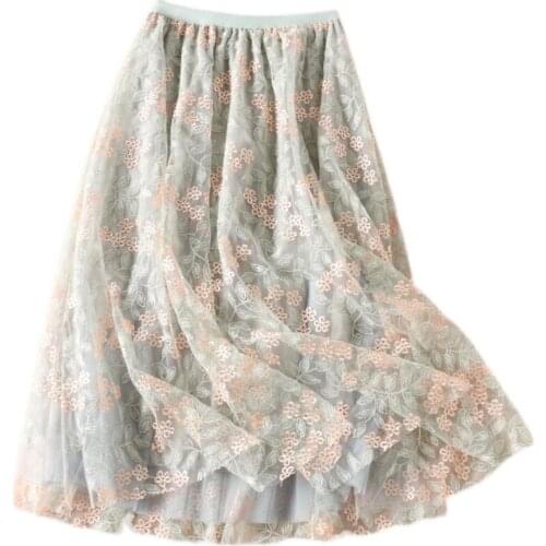 Fashion Flowers Embrolidered Mesh Skirt Mujer Faldas 2021 Elastic Waist Aline Midi Skirt for Women Holiday Vacation Skirt