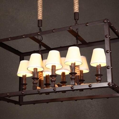 Rusty iron retro industrial iron box pendant light Dining 8 head rope rust colored Rectangle Pendant light hanging lamp
