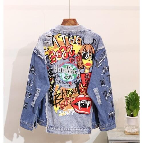 Autumn New Fashion Denim Coat Women Harajuku Graffiti Print Worn Out Long Sleeve Denim Jacket Girl Students Jeans Coats Outwear
