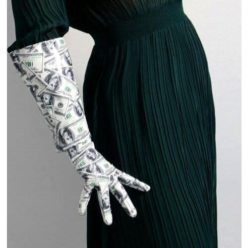 Womens runway fashion wide sleeve faux pu leather glove ladys club performance dollar print long glove 50cm R2789