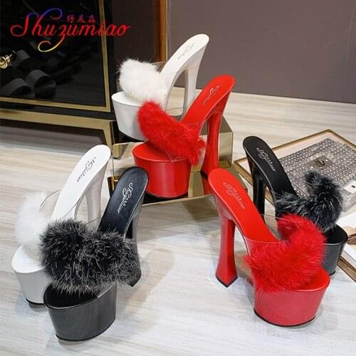 Sexy PVC Women Furry Slippers Red Super High Heel 20CM Platform Women Shoes Summer Fashion Round Heel Party Sandals Plus Size 43