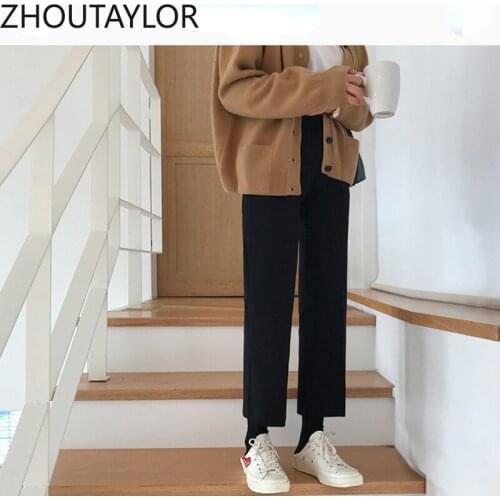 ZHOUTAYLOR Woman Pants Button High Waisted Female Wide Leg Bottoms Female Office Lady Zipper Autumn Ankle-Length Trousers Femme