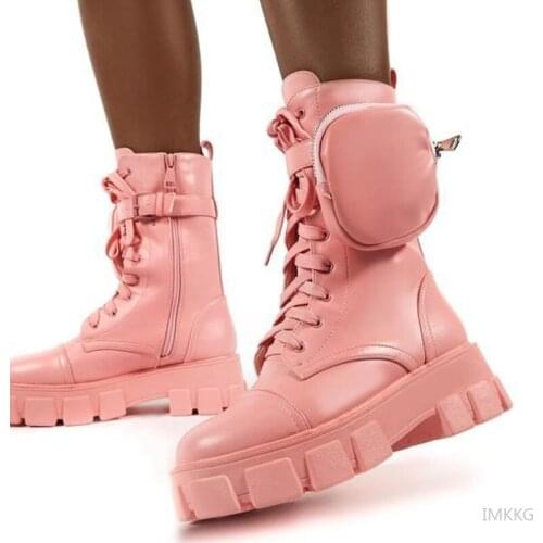 Womens Autumn Boots 2021 Pocket Buckle Strap Pink Chunky Sole Pouch Woman Boots Shiny Leather Patchwork Platform Botas De Mujer
