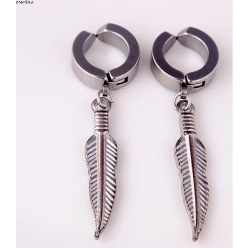 2019 Vintage Feather Women Hoop Earrings Color Stainless Steel Retro Leaf Plant Men Earrings Punk Cool Style
