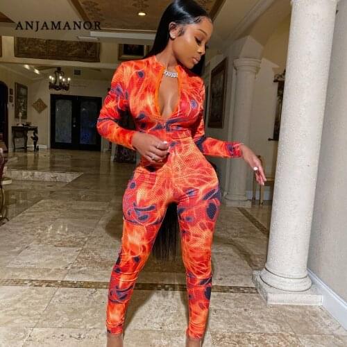 ANJAMANOR Sexy Sports Long Sleeve Bodycon Jumpsuit Women Flame Camo Print Sheer Mesh One Piece Outfit Autumn 2020 D48-DA28