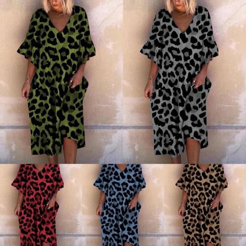 Autumn Frilled Half Sleeve Leopard Print Dress Women Sexy V-neck Midi Party Dresses Casual Loose Plus Size Ladies Dress S-3XL