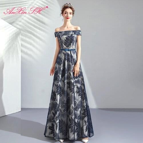 AXJFU princess blue flower long Evening Dresses luxury vintage boat neck feather navy blue bow evening dress 9116