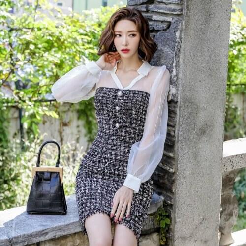 Winter Chiffon Patchwork Casual Tweed Dress Women Turn Down Collar Pencil Dress Ladies Autumn Mini Vestidos Verano 2019 Mujer