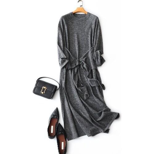 2020 Winter New Styles Cashmere Wool Dresses Long Women Elegant Warm Thick Pullovers Knitted Female Crew Neck Sweaters With Belt