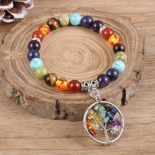 7 Chakra Tree Of Life Pendant Charm Bracelet For Men Women 8mm Natural Stone Beads Elastic Bracelets Reiki Healing Jewelry