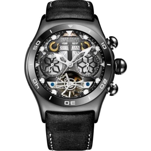 Watch men,mens automatic watches Reef Tiger black luxury waterproof mechanical wristwatch sport prepetual calendar reloj RGA703