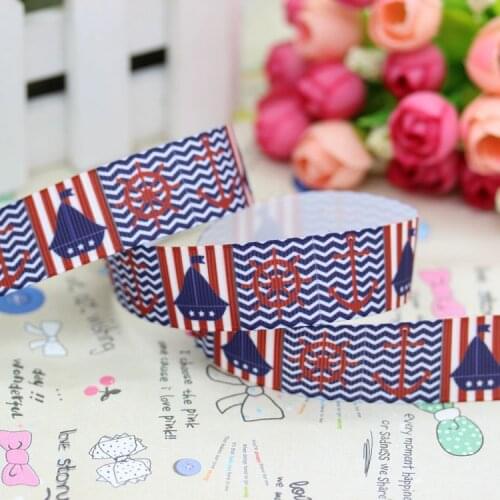 DHK 7/8'' 5yards navy chevron anchor printed grosgrain ribbon hair bow diy party decoration OEM Wholesale 22mm E1100
