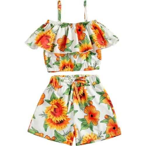 Children Girls Summer Clothing Sets Fashion Girls Floral Ruffles Tanks Tops+High Waist Elastic Shorts Beachwear Outfits