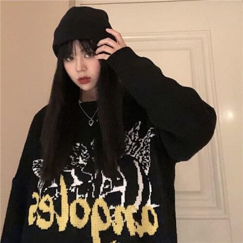 Korean Ulzzang College Letter Long Sleeve Female Streetwear Winter Y2k Punk women clothing Gothic Angel Harajuku knit Sweatshirt