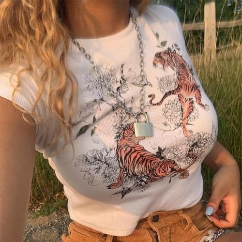 Fashion Tiger Printing Crop Top Women Ladies Summer Daily Casual Slim Fit T-Shirt Short Sleeve O-Neck Wild Shirt Clothes