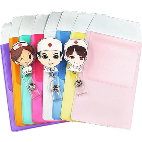 Cute Cartoon Retractable Work Name Tags ID Badge with PVC Leak-Proof Pen Pouch Office Supplies Doctors Nurses