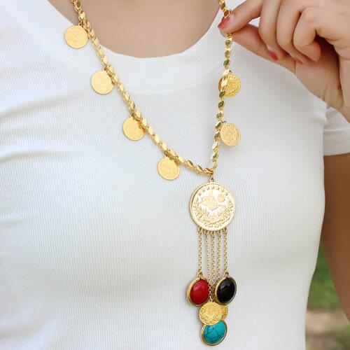 Natural Colored Gemstone Pendant Necklace Muslim Turkey Totem Coin Charm Necklace for Woman Gold Jewelry Gift Wholesale