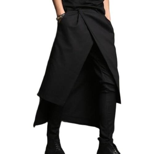 Men fake two piece nightclub stage harem pants stage costume mens punk hip hop long pants joggers slim fit culottes trousers