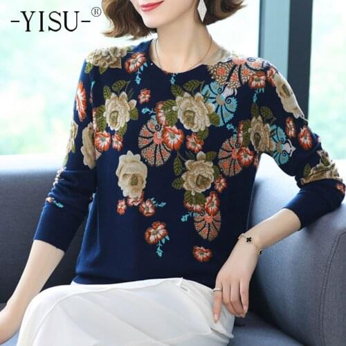 YISU 2021 New Fashion Casual Spring Autumn Women Sweater O-Neck Printing Long sleeve Tops Female Jumper Loose Knitted pullover