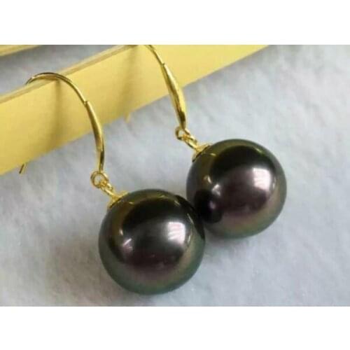 Pair of 10-11mm natural south sea genuine round black green pearl earring 14k