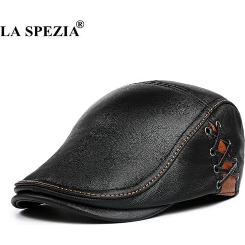 LA SPEZIA Flat Cap for Men Autumn Winter Real Leather Male Beret Patchwork High Quality Black Brown British Style Mens Ivy Cap
