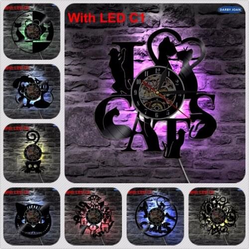 I Love Cats CD Vinyl LED Lighting Wall Clock Interior Art Decoration Vintage 3D Hanging Wall Art Vinyl Light Great Gift