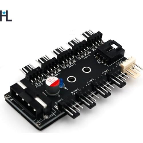 Chassis Fan Hub fan splitter CPU Cooling HUB 10 Port 12V 3Pin/4 Pin PC PWM Fan Hub Controller power from Molex 4Pin Interface