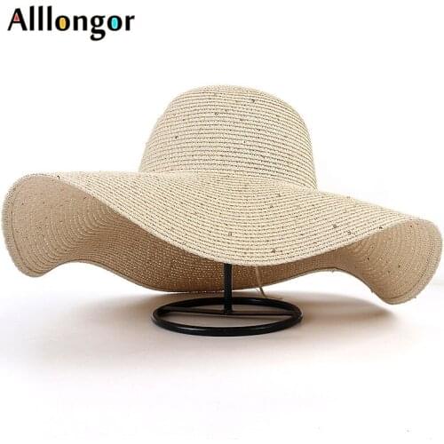 Foldable New 2021 Summer Straw Hat For Women Paillette Sun Protection Beach Hat Moda Praia Wide Brim Panama Sunhat