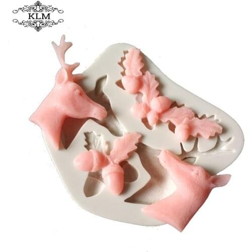 3D Christmas Deer Head Pine Nuts Shape Chocolate Mold Fondant Cake Decoration Silicone Molds