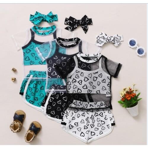 18 Months-6 Years Summer Tracksuits Sport Suit Heart Print Short Sleeve T-Shirt+ Camisole+ Shorts+ Headband Casual 4pcs Outfit