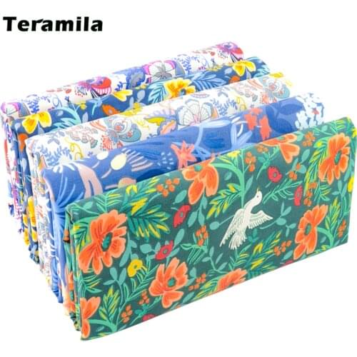 Teramila Twill Green Flower Petal Printed Patchwork Cloth Cotton 100% Fabrics for Sewing Dress Quilting Needlework Home Textiles