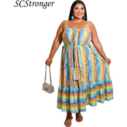 SCSTRONGER Spring Plus Size Womens New Polyester Casual Wear Rainbow Stripes Color Yellow Sling Big Swing Temperament Commuting