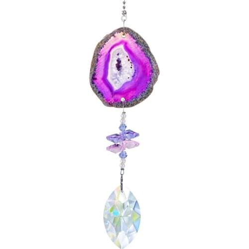 H&D Purple Agate Gemstone Slice Suncatcher Stained Glass Window/Car Hanging Ornament Rainbow Maker Decoration For Outdoor Indoor