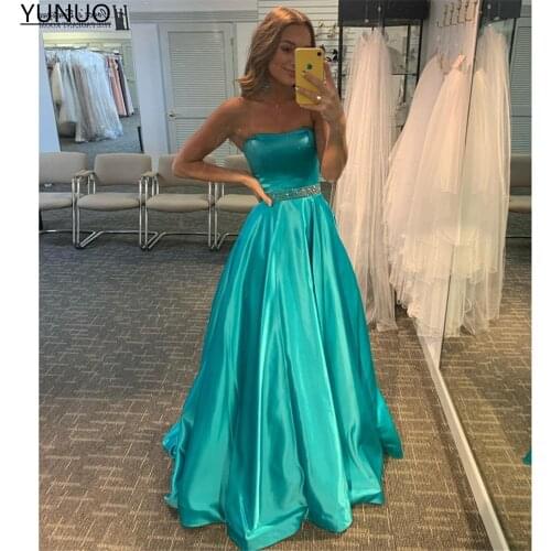 YUNUO A-line Strapless Floor Length Formal Prom Dresses with Pockets Crystals robes de soirée Evening Gowns Zipper Open Back