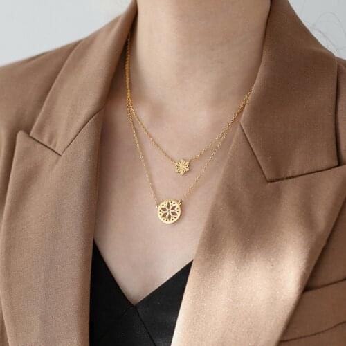 YUN RUO Fashion Double Chain Snowflake Pendant Necklace Yellow Gold Color Titanium Steel Jewelry Woman Christmas Gift Never Fade