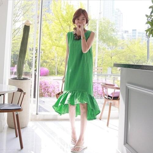 2020 summer women cotton linen dress solid sleeveless trumpet dress plus size M-7XL fashion O neck tank dress sweet gril vestido
