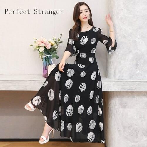 2021 New Arrival High Quality Round Collar Short Sleeve Printed Chiffon Women Long Dress