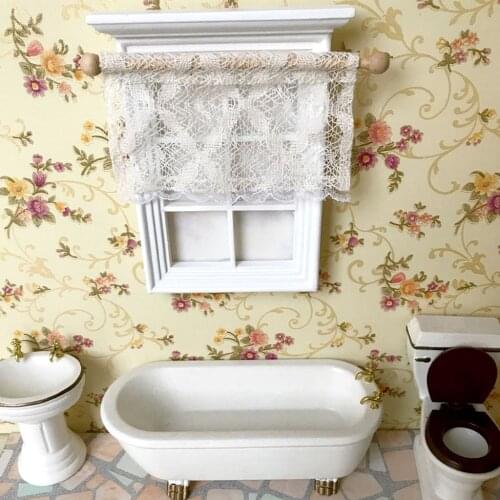 1/12 Dollhouse Miniature Short Rectangular Lace Curtain/Drape with Wooden Rod Rail for Dolls Windows Accessory Decoration White