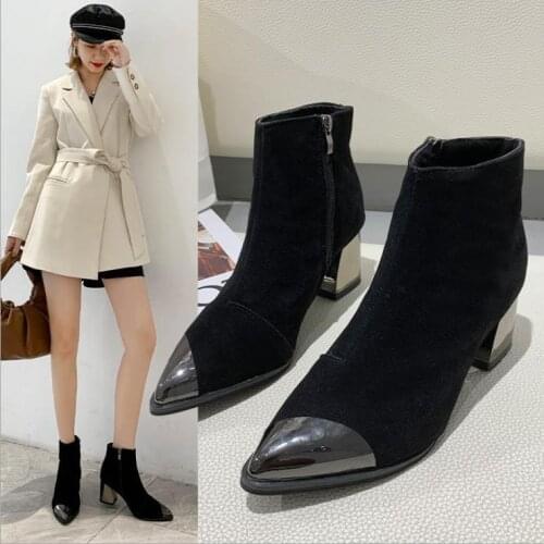 2021 Square Heels Boots Women Winter Chelsea Boots Warm Shoes Pointed toe Sexy Ladies High Heels Boots Womens Ankle Botas A350
