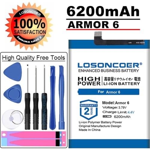 LOSONCOER for Ulefone Armor 6 Mobile Phone Battery Free tools Stand Holder Stickers 6200mAh Armor6 Armor 6 Battery